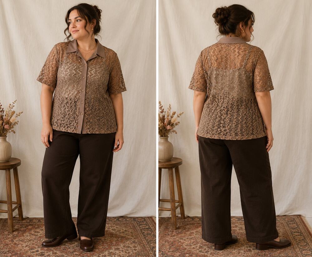 Vintage Style Sheer Metallic Bronze Lace Button-Up Shirt – Size XXXL